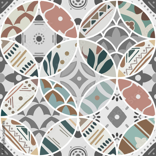 Luxury oriental tile seamless pattern in style of colorful floral patchwork boho chic design in chopped circles. Flower vector ornament background with eastern motif