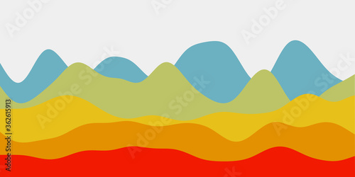 Abstract contrast red, yellow, blue hills background. Colorful waves modern vector illustration.