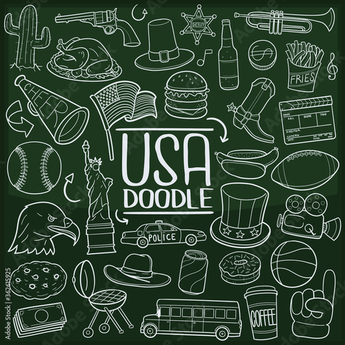 USA America Doodle Line Icon Chalkboard Sketch Hand Made Vector Art.