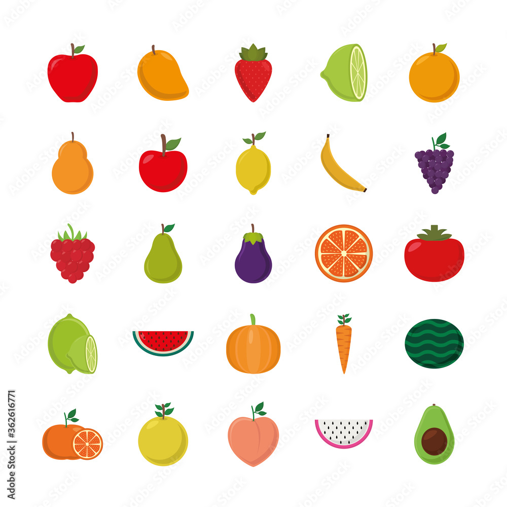 flat style icon set design, Fruits healthy organic food sweet and nature theme Vector illustration flat style icon set design, Fruits healthy organic food sweet and nature theme Vector illustration