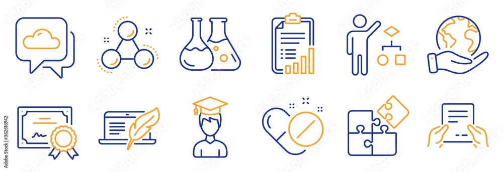 Set of Science icons, such as Medical pills, Receive file. Certificate, save planet. Chemistry lab, Weather forecast, Algorithm. Copyright laptop, Checklist, Puzzle. Vector Set of Science icons, such as Medical pills, Receive file. Certificate, save planet. Chemistry lab, Weather forecast, Algorithm. Copyright laptop, Checklist, Puzzle. Vector