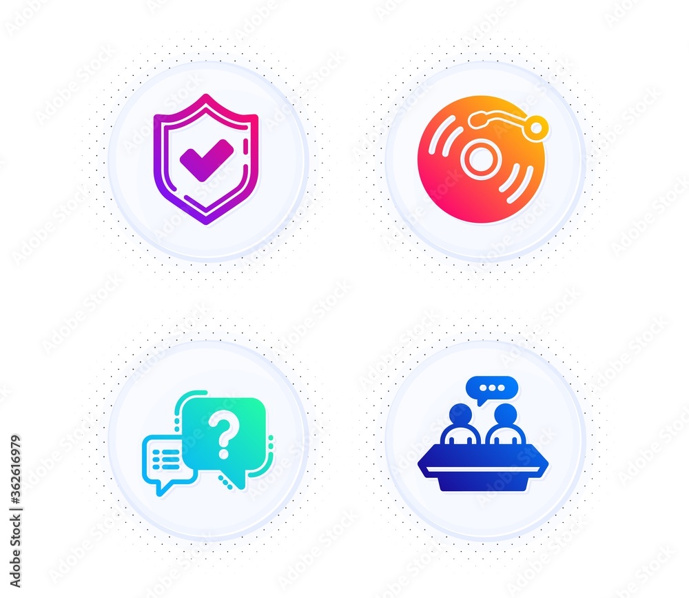Confirmed, Vinyl record and Question mark icons simple set. Button with halftone dots. Employees talk sign. Accepted message, Retro music, Quiz chat. Collaboration. Business set. Vector Confirmed, Vinyl record and Question mark icons simple set. Button with halftone dots. Employees talk sign. Accepted message, Retro music, Quiz chat. Collaboration. Business set. Vector