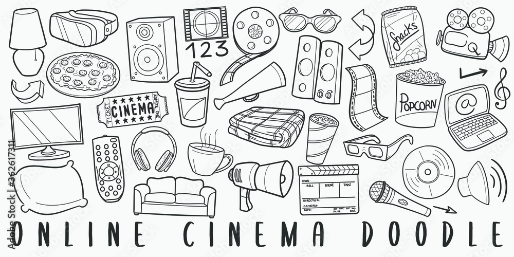 Vecteur Stock Online Home Cinema Doodle Line Art Illustration. Hand Drawn  Vector Clip Art. Banner Set Logos. | Adobe Stock