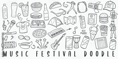 Music Festival Party Doodle Line Art Illustration. Hand Drawn Vector Clip Art. Banner Set Logos.