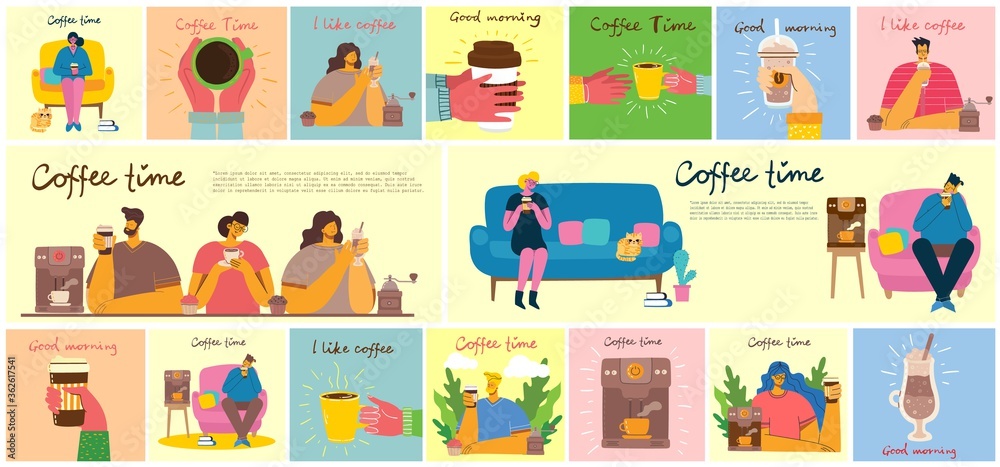 Obraz premium Smiling people friend drinking coffee and talking. Coffee time, break and relaxation vector concept cards. Vector illustration in flat design style