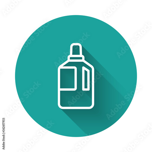 White line Fabric softener icon isolated with long shadow. Liquid laundry detergent, conditioner, cleaning agent, bleach. Green circle button. Vector Illustration.
