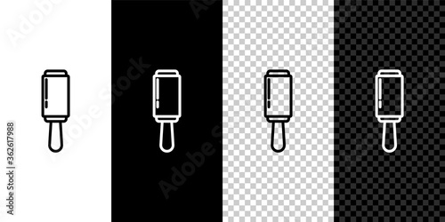 Set line Adhesive roller for cleaning clothes icon isolated on black and white background. Getting rid of debris, dust, hair, fluff, pet wool. Vector Illustration.