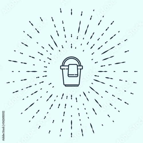 Black line Bucket with rag icon isolated on grey background. Cleaning service concept. Abstract circle random dots. Vector Illustration.