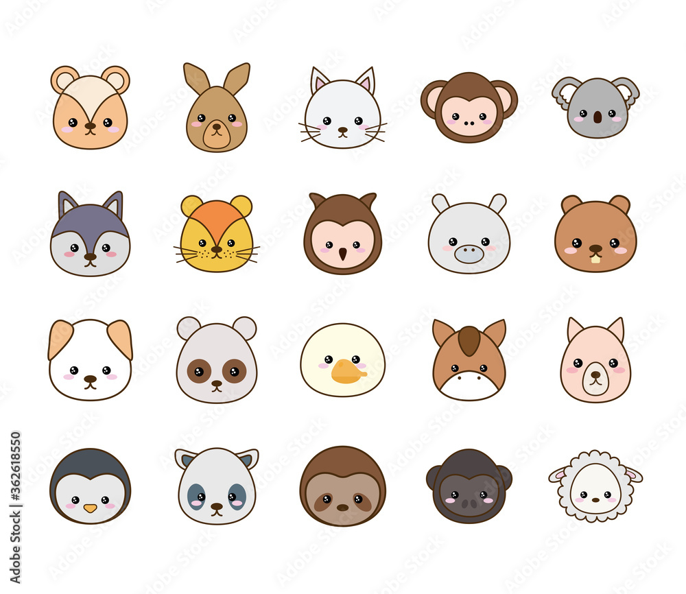 Cute cartoons line and fill style icon set design, Kawaii animals zoo life nature and character theme Vector illustration Cute cartoons line and fill style icon set design, Kawaii animals zoo life nature and character theme Vector illustration