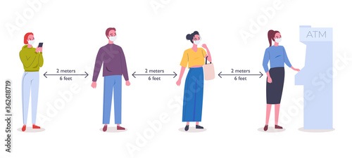 Keep social distance to the ATM. People wearing masks are waiting in line to withdraw money from an ATM. New normal lifestyle after coronavirus covid-19 spread concept. Flat vector illustration