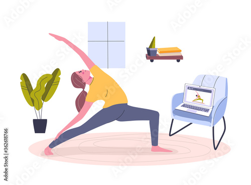 Yoga online at Home. Stay home concept. Girl watching online classes on laptop. Live stream, online education. Do exercise activity in cozy modern interior. Scribble vector illustration