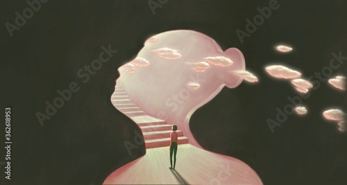 Surreal art of freedom dream success and hope concept  , ambition idea artwork, painting  young woman  looking at staircase , conceptual illustration photo
