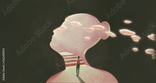 Surreal art of freedom dream success and hope concept , ambition idea artwork, painting young woman looking at staircase , conceptual illustration