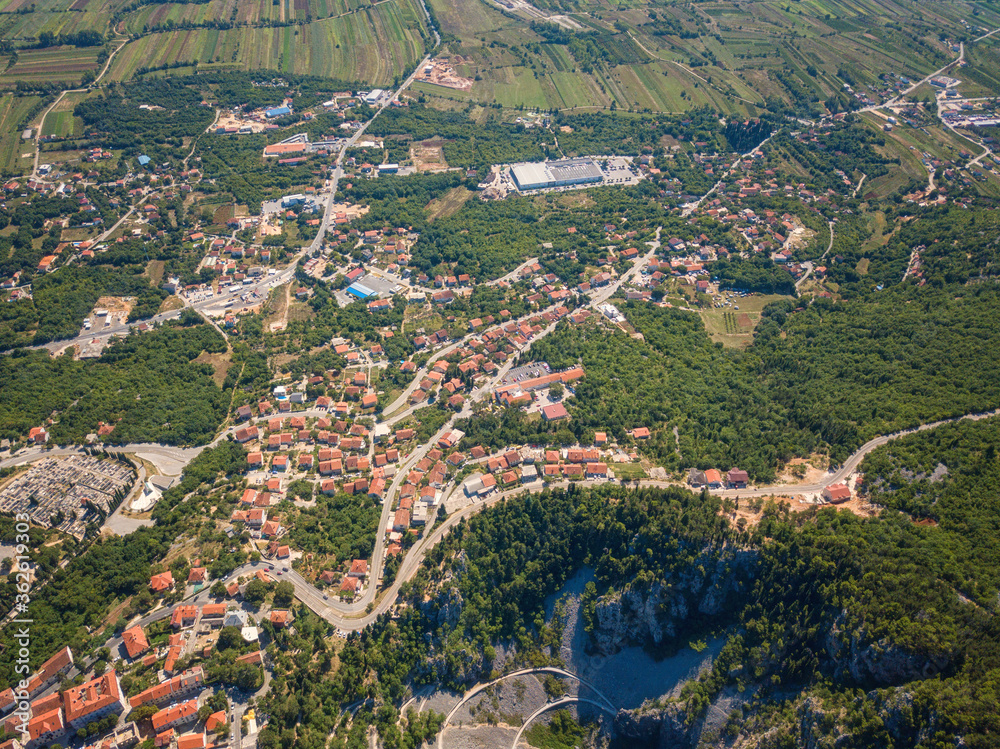 Aerial view of Imotski, a small town in the Dalmatian hinterland. Nature summer landscape, popular tourist destination in Dalmatia, outdoor travel background, Croatia