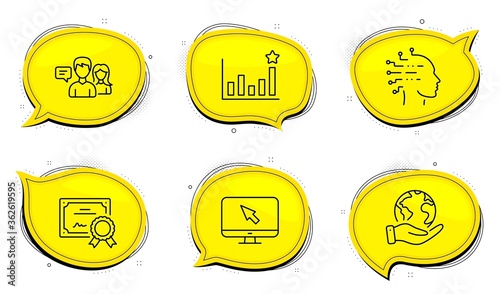 People talking sign. Diploma certificate, save planet chat bubbles. Internet, Efficacy and Artificial intelligence line icons set. Monitor with cursor, Business chart, Mind intellect. Vector