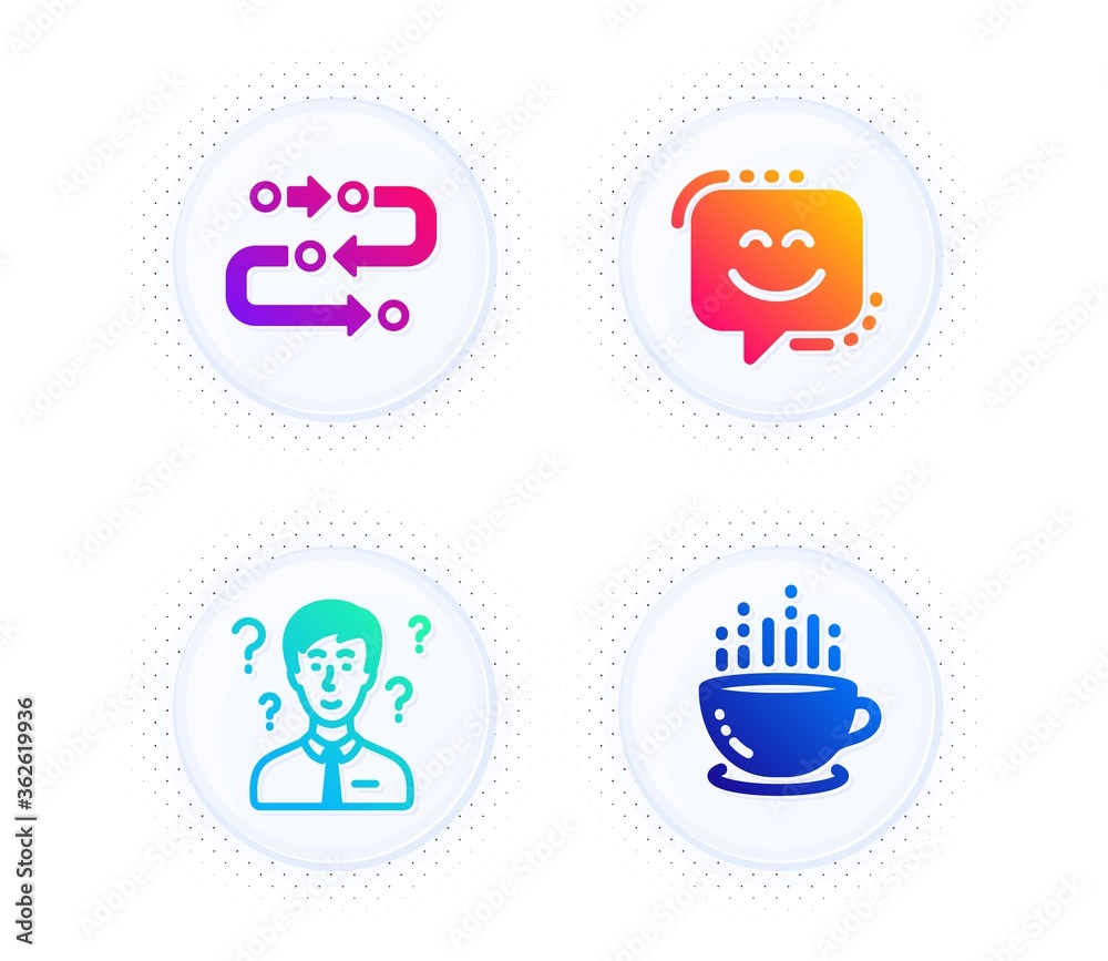 Methodology, Smile face and Support consultant icons simple set. Button with halftone dots. Coffee cup sign. Development process, Chat, Question mark. Hot drink. Business set. Vector Methodology, Smile face and Support consultant icons simple set. Button with halftone dots. Coffee cup sign. Development process, Chat, Question mark. Hot drink. Business set. Vector