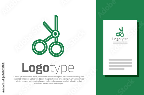 Green line Medical scissors icon isolated on white background. Logo design template element. Vector Illustration.