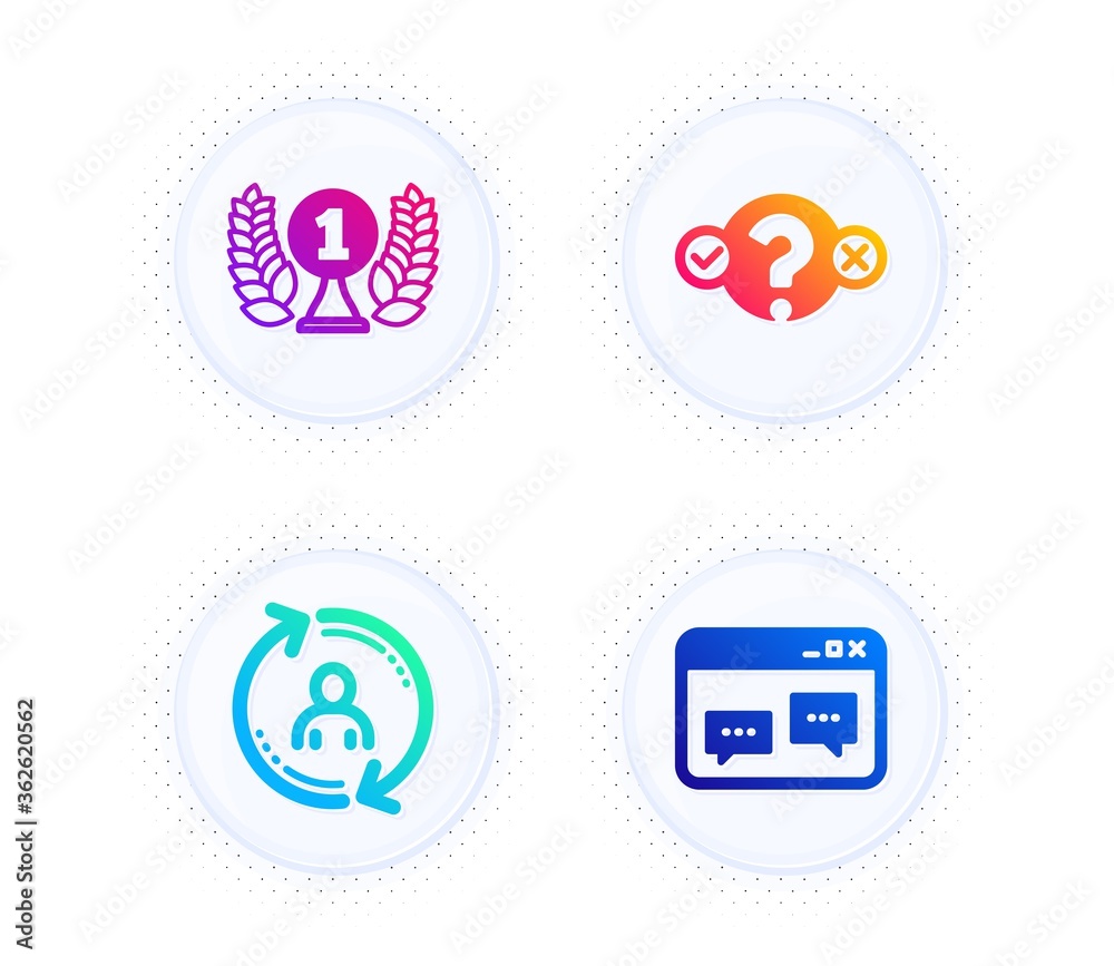 Laureate award, User info and Quiz test icons simple set. Button with halftone dots. Browser window sign. Prize, Update profile, Select answer. Website chat. Business set. Vector
