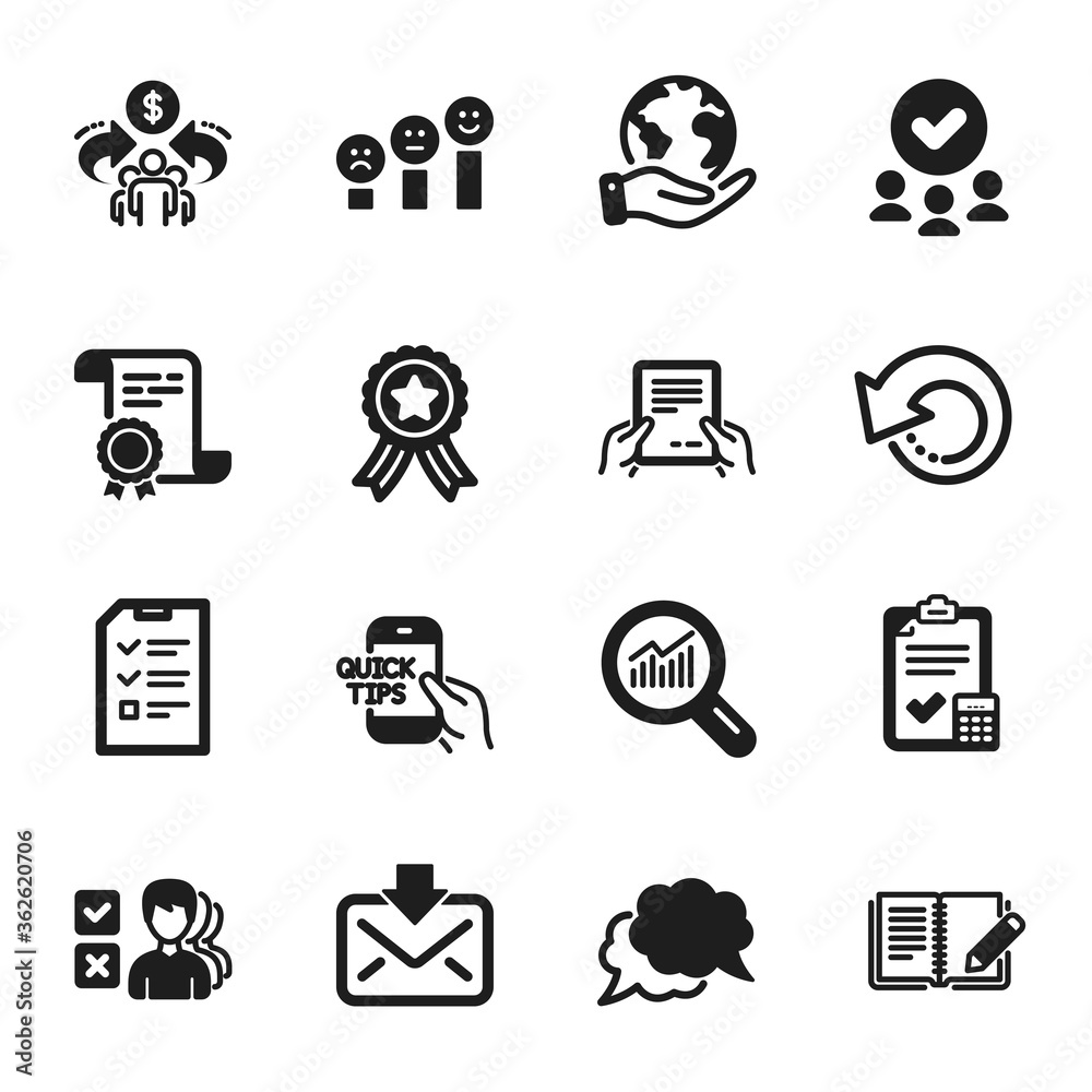 Set of Education icons, such as Sharing economy, Recovery data. Certificate, approved group, save planet. Data analysis, Chat message, Education. Incoming mail, Accounting checklist, Feedback. Vector Set of Education icons, such as Sharing economy, Recovery data. Certificate, approved group, save planet. Data analysis, Chat message, Education. Incoming mail, Accounting checklist, Feedback. Vector