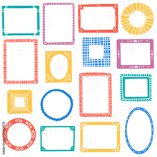 Hand drawn frames colorful set. Decoration elements for kids. Vector collection in cartoon style.
