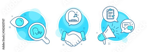 Breathing exercise, Employees messenger and Approved checklist line icons set. Handshake deal, research and promotion complex icons. Piano sign. Breath, Speech bubble, Accepted message. Vector