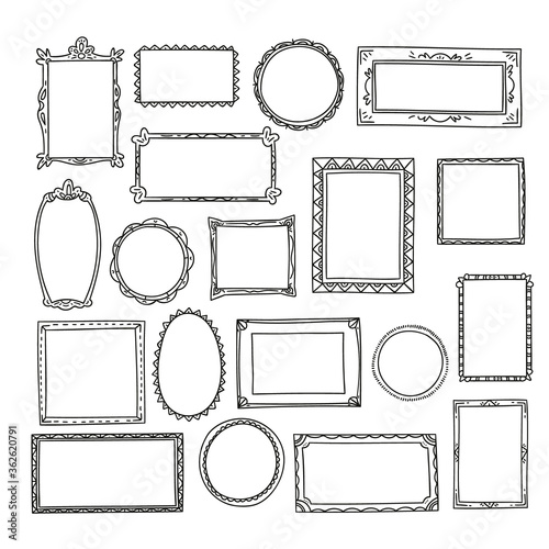 Hand drawn frames isolated on white big set. Cartoon style vector collection. 
