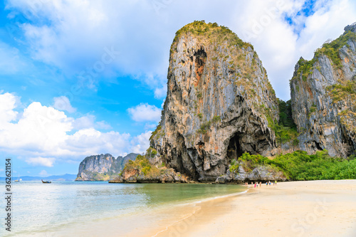 Turquoise crystal clear sea water with limestone cliff and mountain at Phra Nang Beach  Krabi  Thailand
