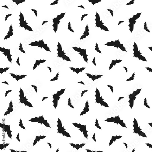 Bat seamless pattern for Halloween. Simple black silhouettes on white.
