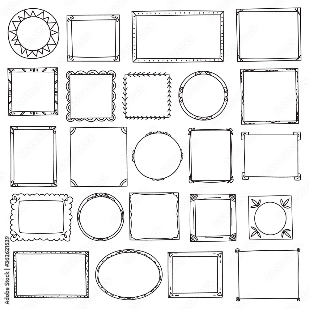 Hand-drawn frames big set. Cute cartoon doodle style borders isolated on white. Vector design.
