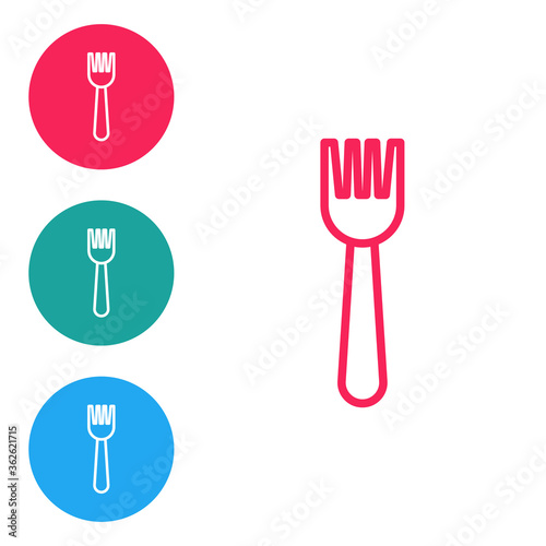 Red line Disposable plastic fork icon isolated on white background. Set icons in circle buttons. Vector Illustration.