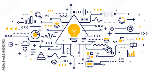 Big data visualization connection complex with icon. Vector abstract innovation illustration of data array visual with light bulb on white background.