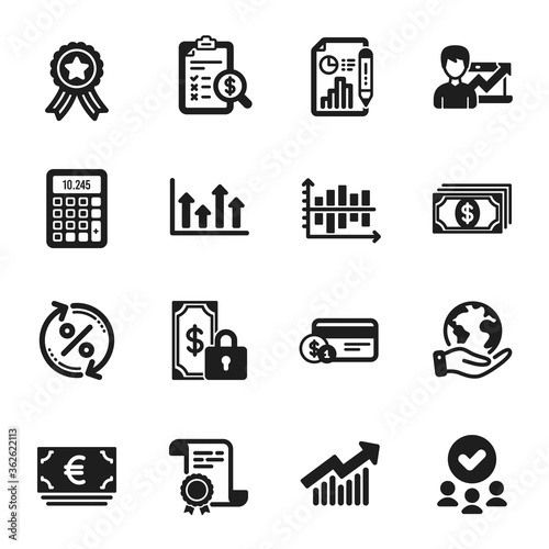 Set of Finance icons, such as Euro currency, Diagram chart. Certificate, approved group, save planet. Loan percent, Private payment, Calculator. Payment method, Demand curve, Upper arrows. Vector