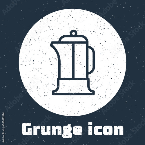 Grunge line French press icon isolated on grey background. Monochrome vintage drawing. Vector Illustration.