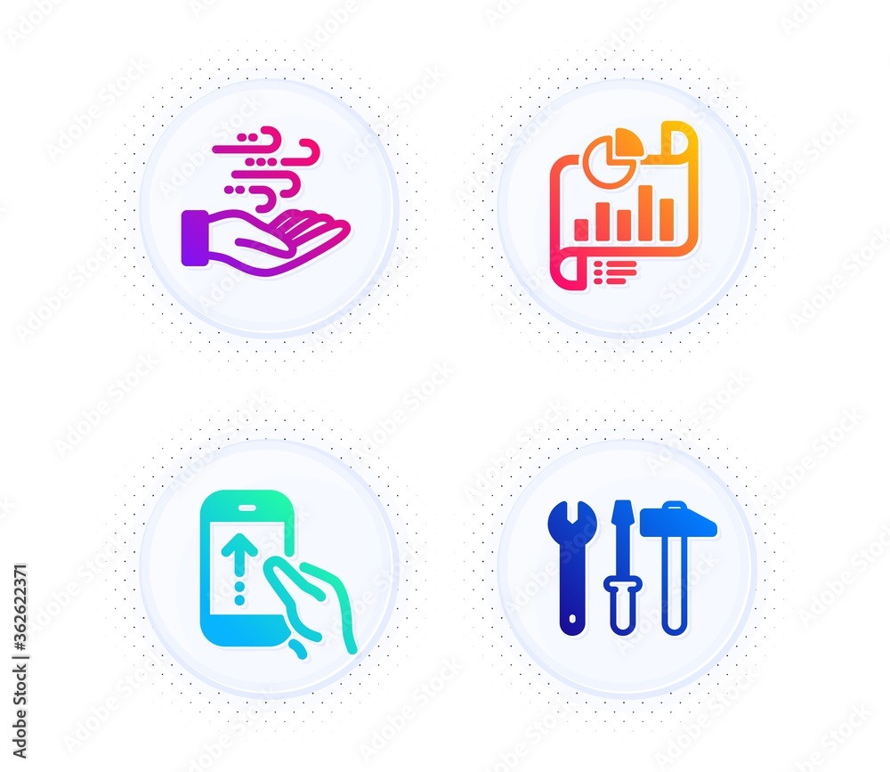 Swipe up, Report document and Wind energy icons simple set. Button with halftone dots. Spanner tool sign. Scrolling screen, Growth chart, Breeze power. Repair screwdriver. Technology set. Vector