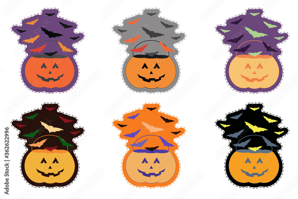 Fototapeta premium Pumpkin bucket sticker pack for Halloween. Spooky graphic element set with bat group for print design.