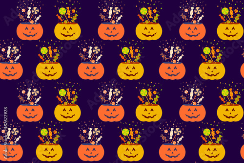 Nice halloween seamless pattern with pumpkin trick or treat bucket. Vector halloween party illustration for print design, fabric, textile, wallpaper, wrapping paper.