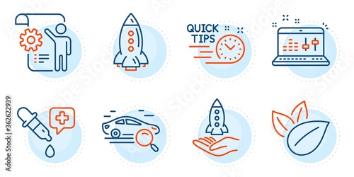 Search car, Settings blueprint and Quick tips signs. Rocket, Chemistry pipette and Crowdfunding line icons set. Organic product, Sound check symbols. Spaceship, Laboratory. Technology set. Vector