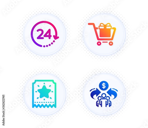 Loyalty ticket, Shopping cart and 24 hours icons simple set. Button with halftone dots. Sharing economy sign. Bonus star, Gift box, Time. Share. Technology set. Vector