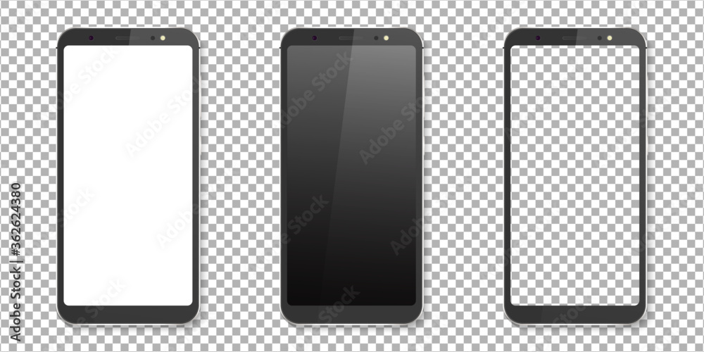 Realistic smartphone mockup set. Smartphone mockup isolated on transparent background. Mockup vector isolated. Template design. Realistic vector illustration.