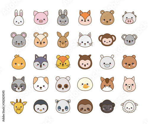 Canvas Print Cute cartoons line and fill style icon set design, Kawaii animals zoo life natur