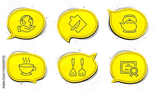 Teapot sign. Diploma certificate, save planet chat bubbles. Cooking cutlery, Cutting board and Coffee cup line icons set. Kitchen accessories, Knife, Hot drink. Tea kettle. Food and drink set. Vector