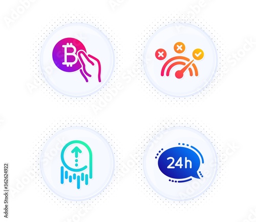Correct answer, Swipe up and Bitcoin pay icons simple set. Button with halftone dots. 24h service sign. Speed symbol, Scrolling page, Cryptocurrency coin. Call support. Technology set. Vector