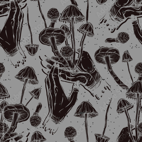 Vector illustration. Mushrooms growing from the hand, mysticism, prints on T-shirts. Handmade,seamless pattern,grey background
