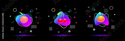 bright neon colored gradient peach, cherry, mandarin fruit with vivid colorful abstract fluid liquid and geometric memphis shapes background, stock vector illustration clip art template set
