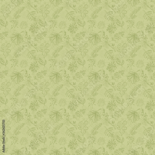 Floral seamless textile with leaves Botanical pattern, wrapping paper, flat, hand-drawn design. Leaf background vector