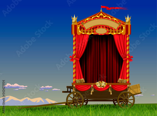 A carriage scene of a roving theater on wheels with a red curtain and decorationsin the field against the sky. Art and theater poster and design template. Vector illustration
