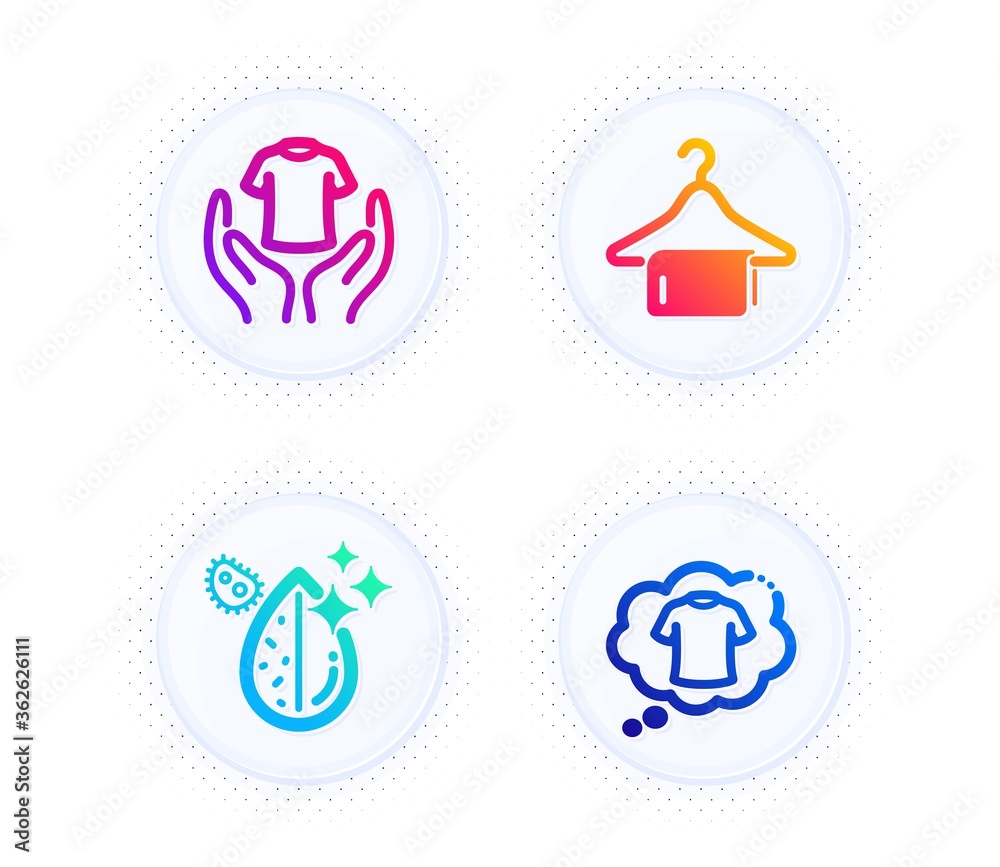 Dirty water, Hold t-shirt and Clean towel icons simple set. Button with halftone dots. T-shirt sign. Aqua drop, Laundry shirt, Laundry hanger. Cleaning set. Gradient flat dirty water icon. Vector Dirty water, Hold t-shirt and Clean towel icons simple set. Button with halftone dots. T-shirt sign. Aqua drop, Laundry shirt, Laundry hanger. Cleaning set. Gradient flat dirty water icon. Vector