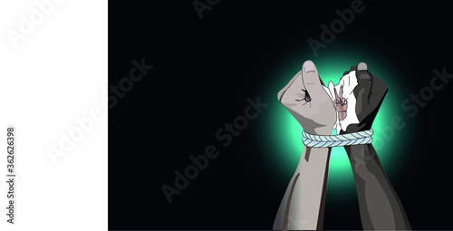 white and black hand tied with a rope. In their hands a crumpled sheet of paper with a symbol of peace. Concept of restriction of rights, copy space