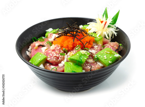 Tuna Poke Bowl with Avocado ontop Ebiko ingredients Ahi shoyu,Vinegar, sesame, onion Healthy Food