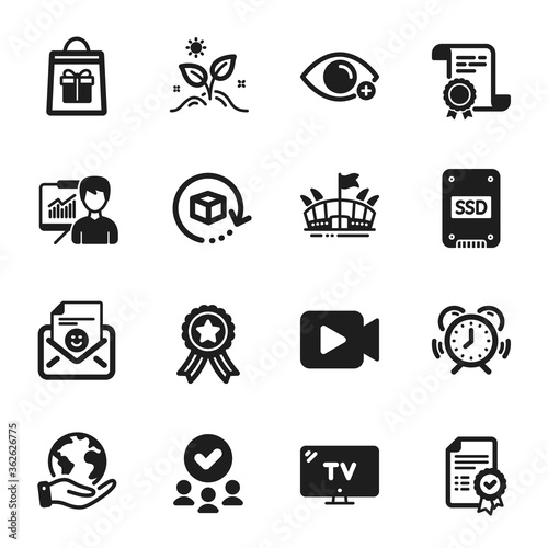 Set of Business icons, such as Farsightedness, Return package. Certificate, approved group, save planet. Smile, Ssd, Grow plant. Tv, Presentation, Video camera. Vector